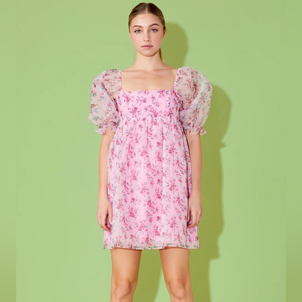 Endless Rose pink floral puff sleeve organza baby doll dress